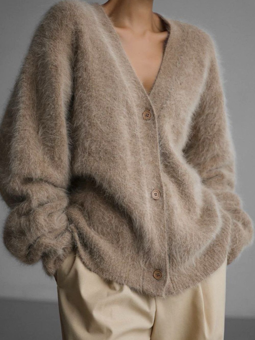 Fuzzy V-Neck Button-Front Cardigan in Taupe